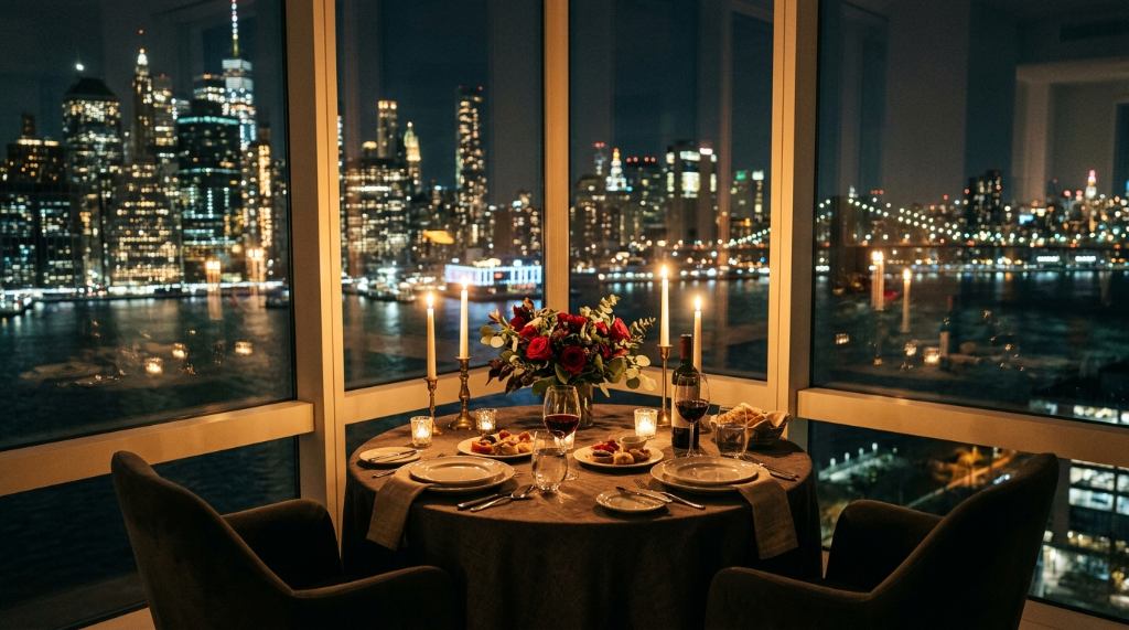Romantic candlelit dinner table set for two with a view of the NYC skyline at night