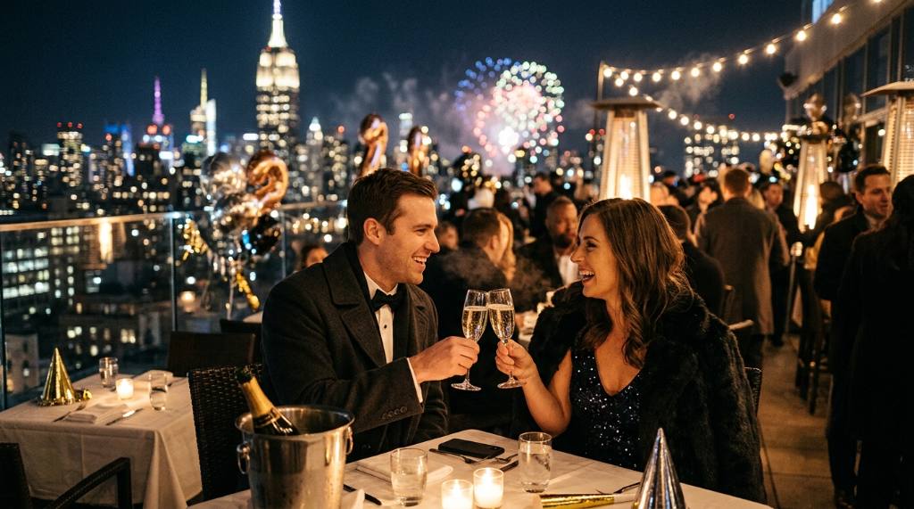 A couple clinking champagne glasses at a rooftop restaurant in New York City on New Year's Eve