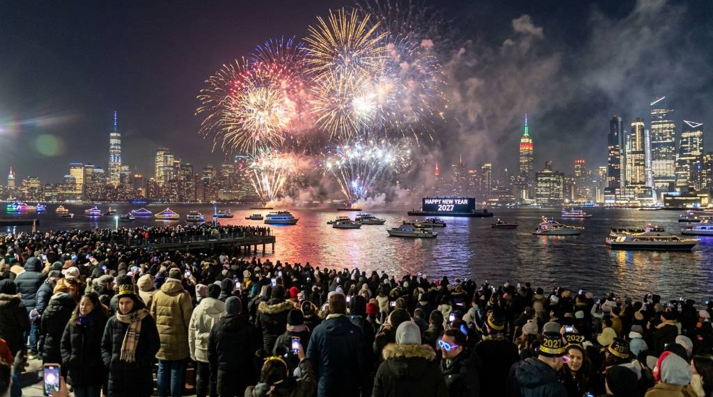 Fireworks over the Hudson River in New York City on New Year's Eve 2027