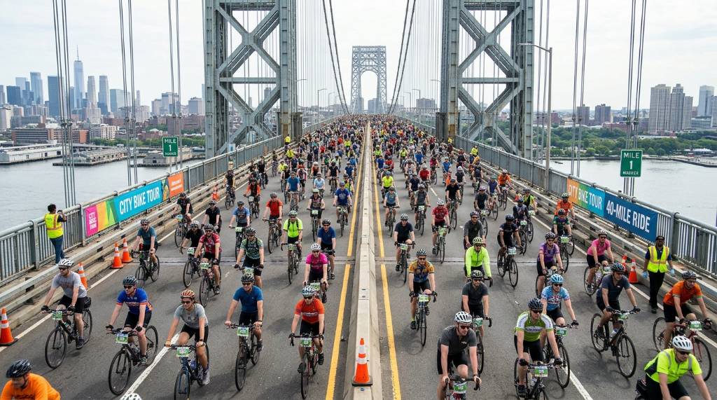 Group of riders crossing a large bridge during the 40-mile city bike ride
