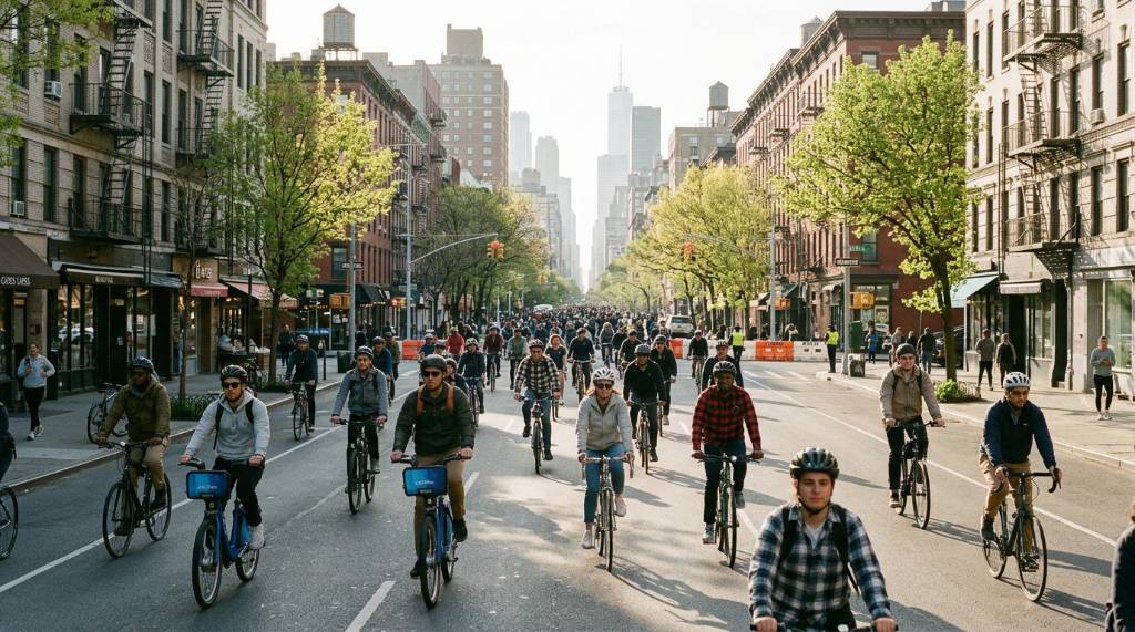 Cyclists riding together on a car-free New York City street on a spring morning