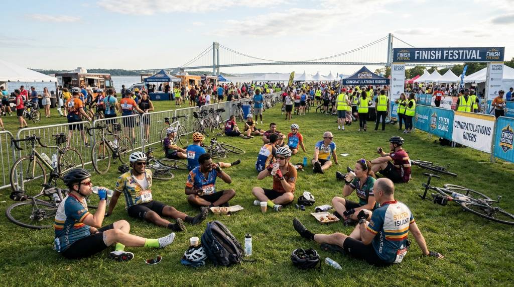Riders relaxing with bikes at a Staten Island finish festival