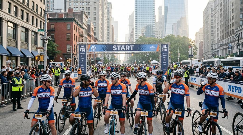 Team of cyclists in matching shirts waiting at the Lower Manhattan start line
