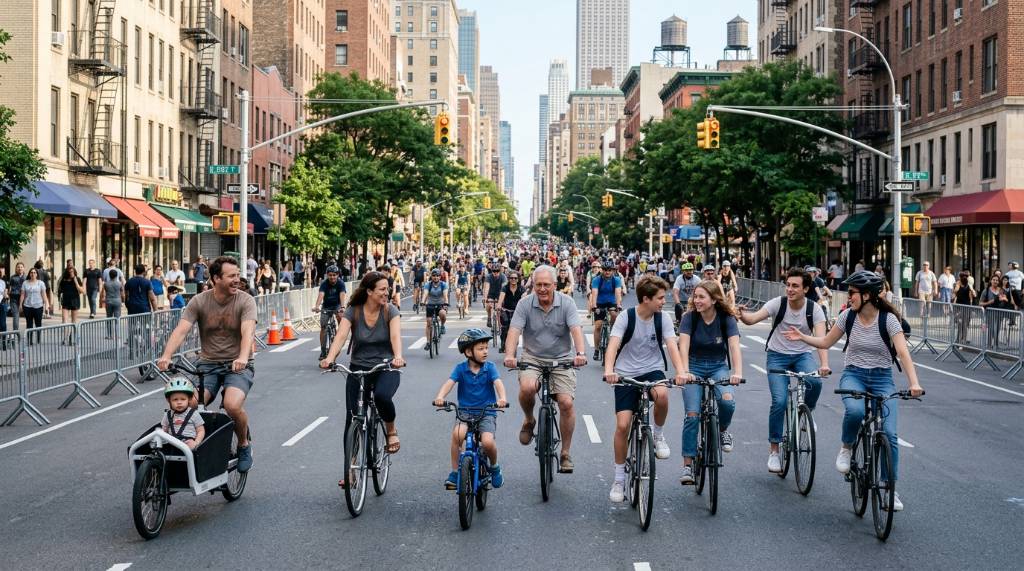 Group of friends and family riding bikes together on a car-free New York City street