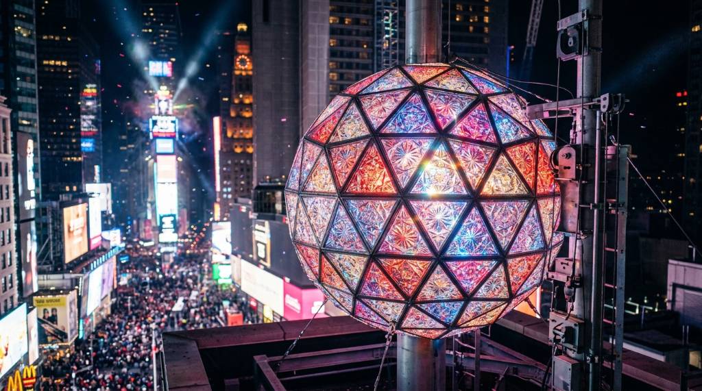 The Times Square New Year's ball covered in Waterford Crystal panels and LED lights glowing against the night sky