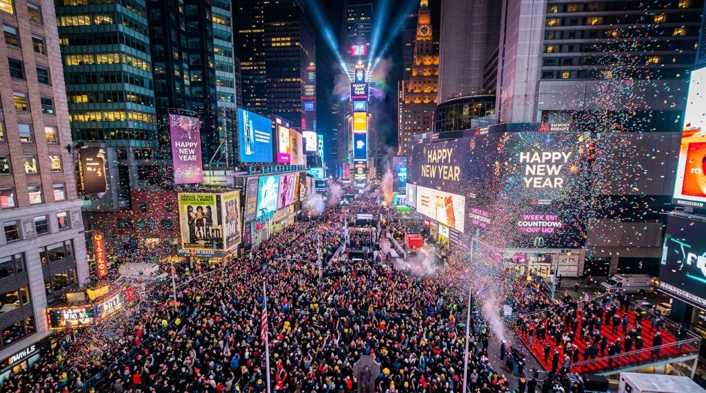 A wide aerial view of Times Square filled with people celebrating as confetti falls during the New Year's countdown