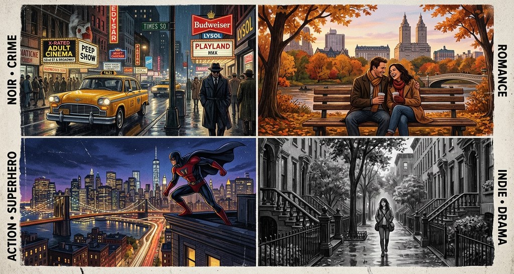Collage of iconic New York movie scenes spanning crime dramas, romantic comedies, superhero films and indie cinema