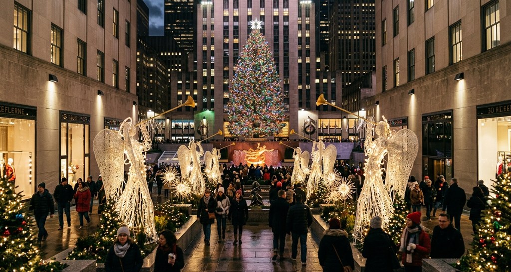 Family strolling through Channel Gardens herald angels promenade toward Rockefeller tree