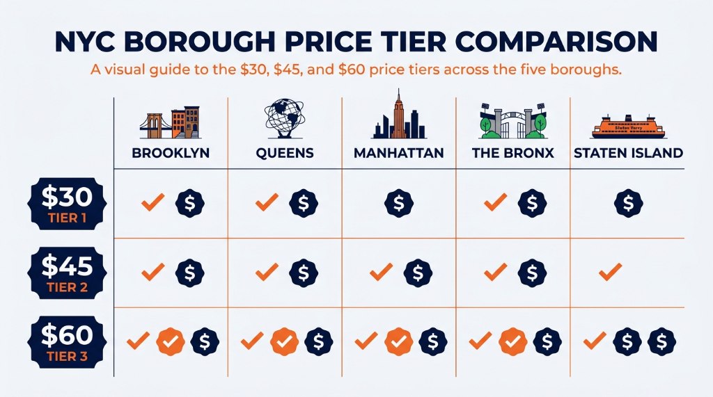 Comparison graphic of NYC boroughs and Restaurant Week price tiers