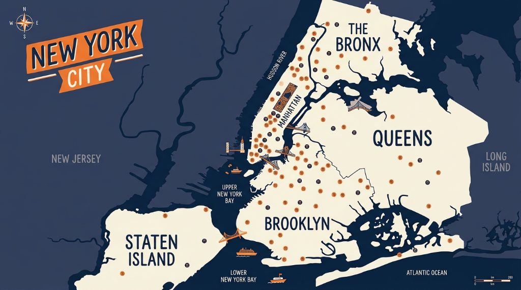 Map-style view of New York City's five boroughs for NYC Restaurant Week 2027 dining