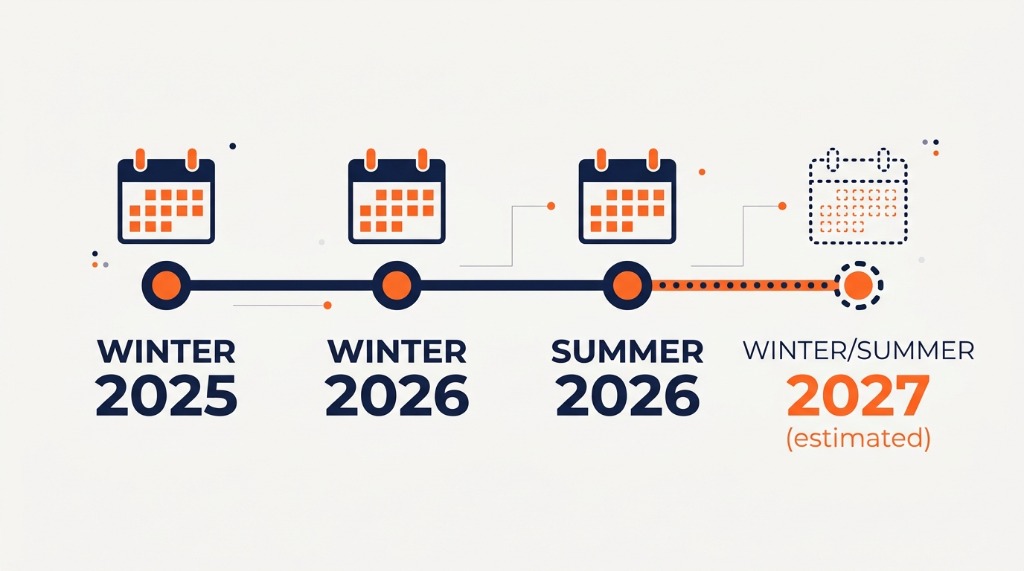 Timeline of past NYC Restaurant Week winter and summer dates from 2025 to 2027 projection