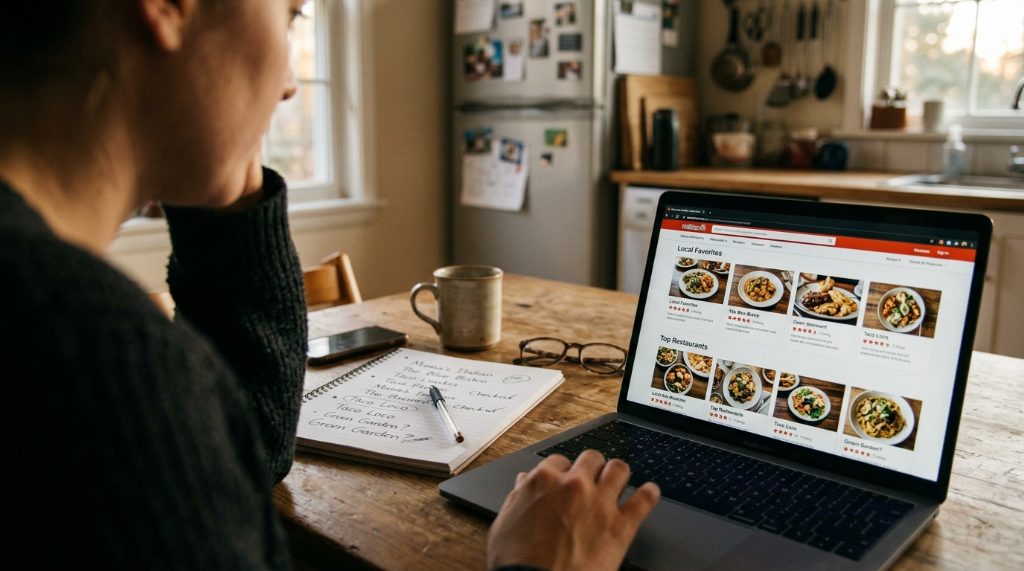 Browsing NYC Restaurant Week restaurant listings by borough on a laptop