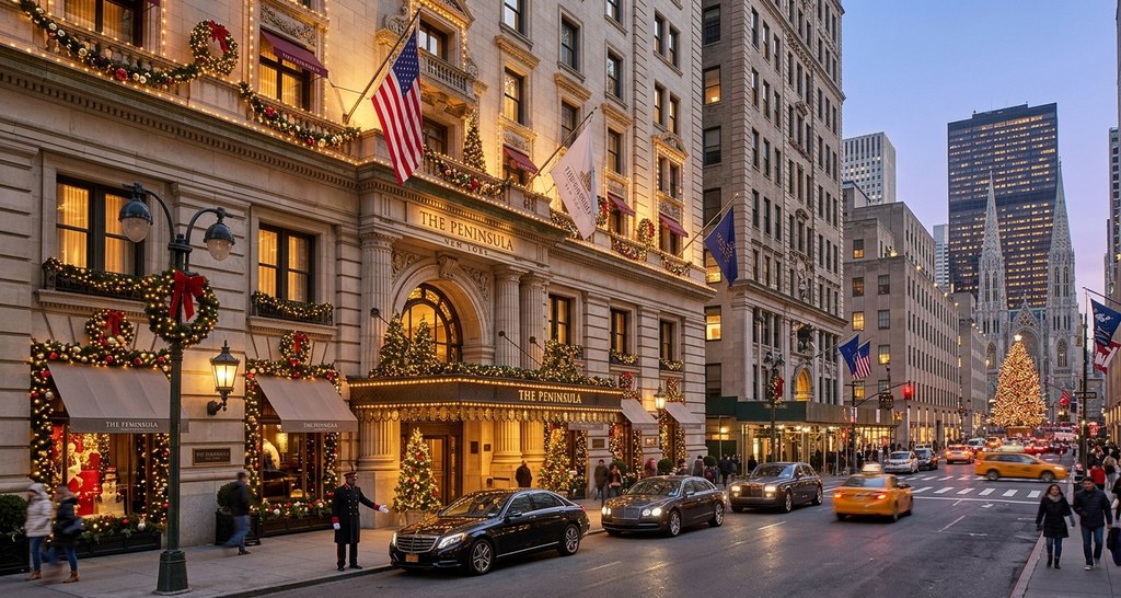 The Peninsula New York luxury hotel exterior facade on Fifth Avenue near Rockefeller Center