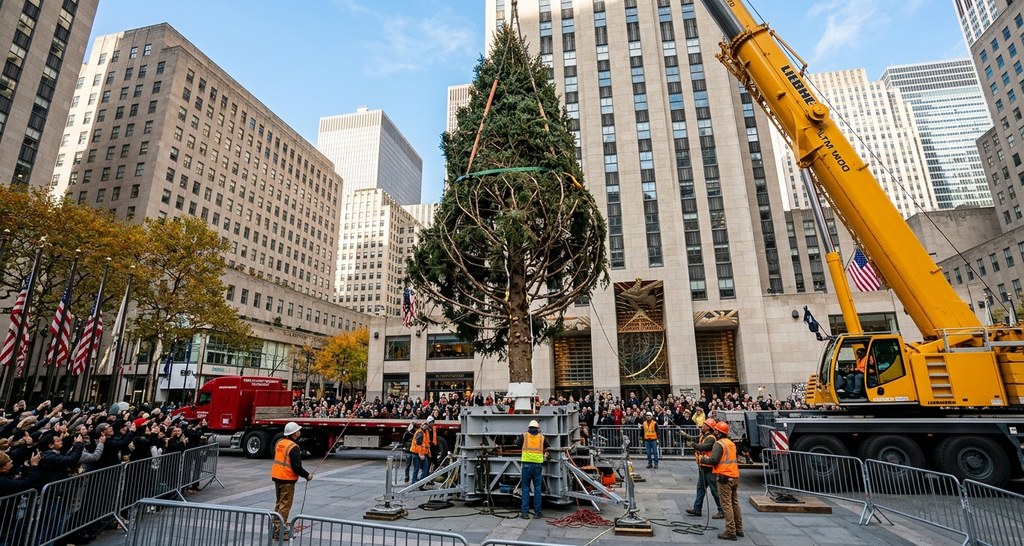 Norway spruce Christmas tree being installed at Rockefeller Center in November 2026 with crane and workers