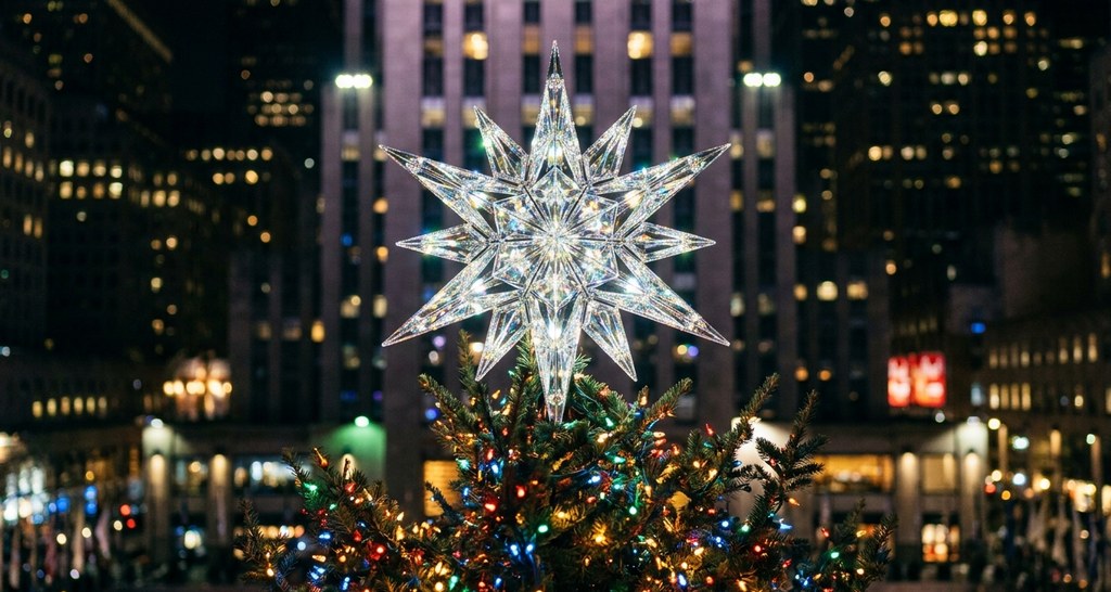 Close-up of 900-pound Swarovski crystal star atop Rockefeller Christmas tree showing 70 crystal spikes and modern design