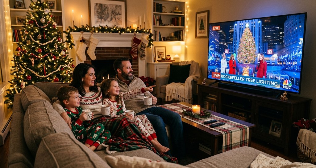Family watching live NBC broadcast of Rockefeller tree lighting from cozy living room